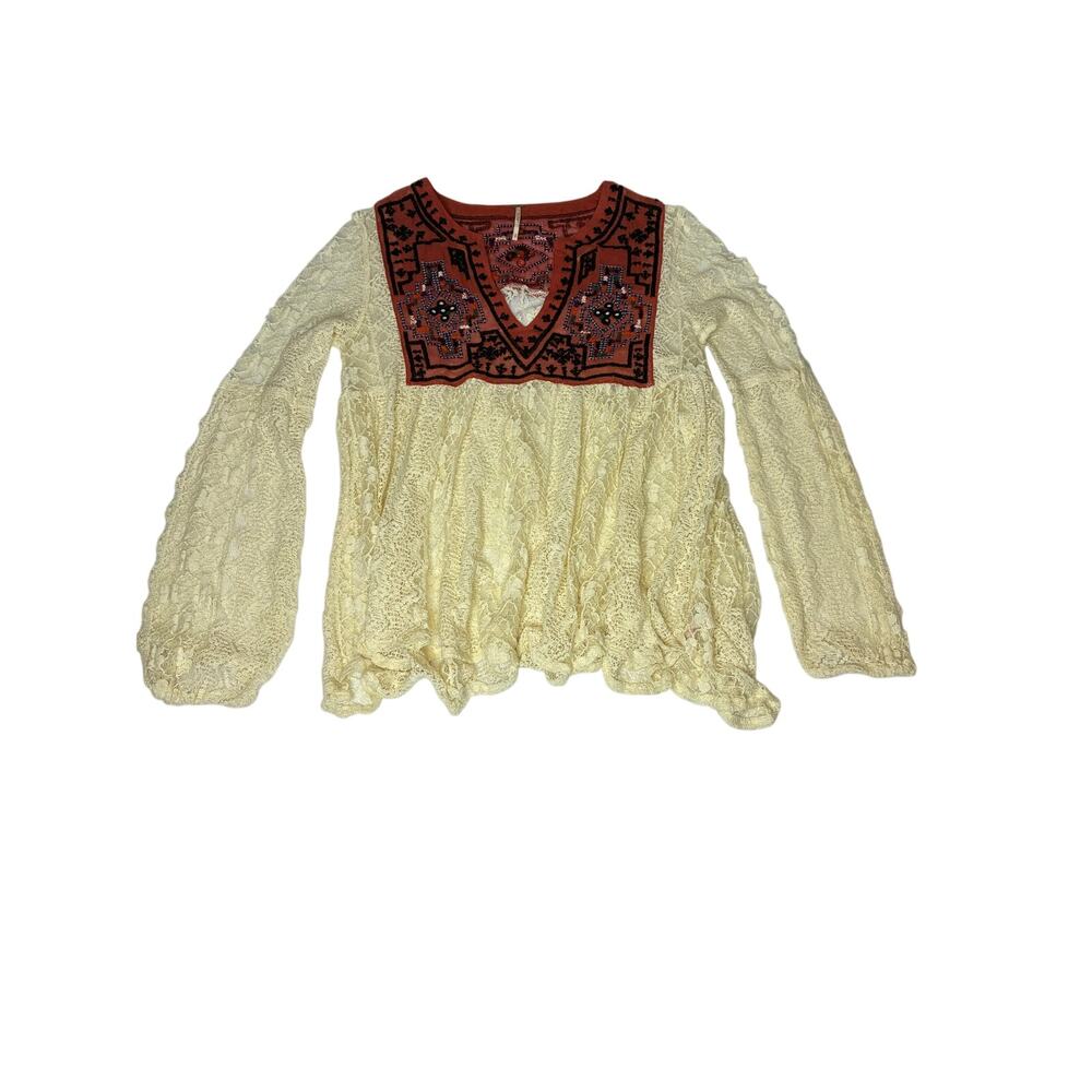 Free People Lace Top Women US Small Sheer Flowy Embroidered Indie Boho LS Aztec - Picture 3 of 9
